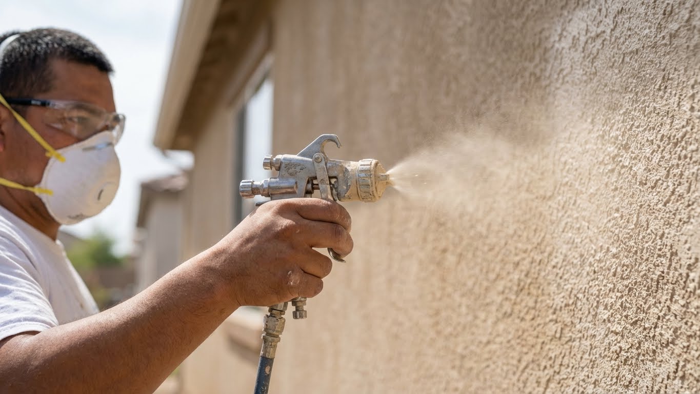 Painter spraying an exterior stucco wall